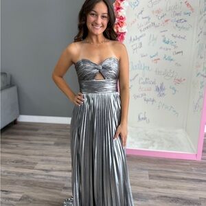 Dave & Johnny Silver Metallic Strapless Prom Dress